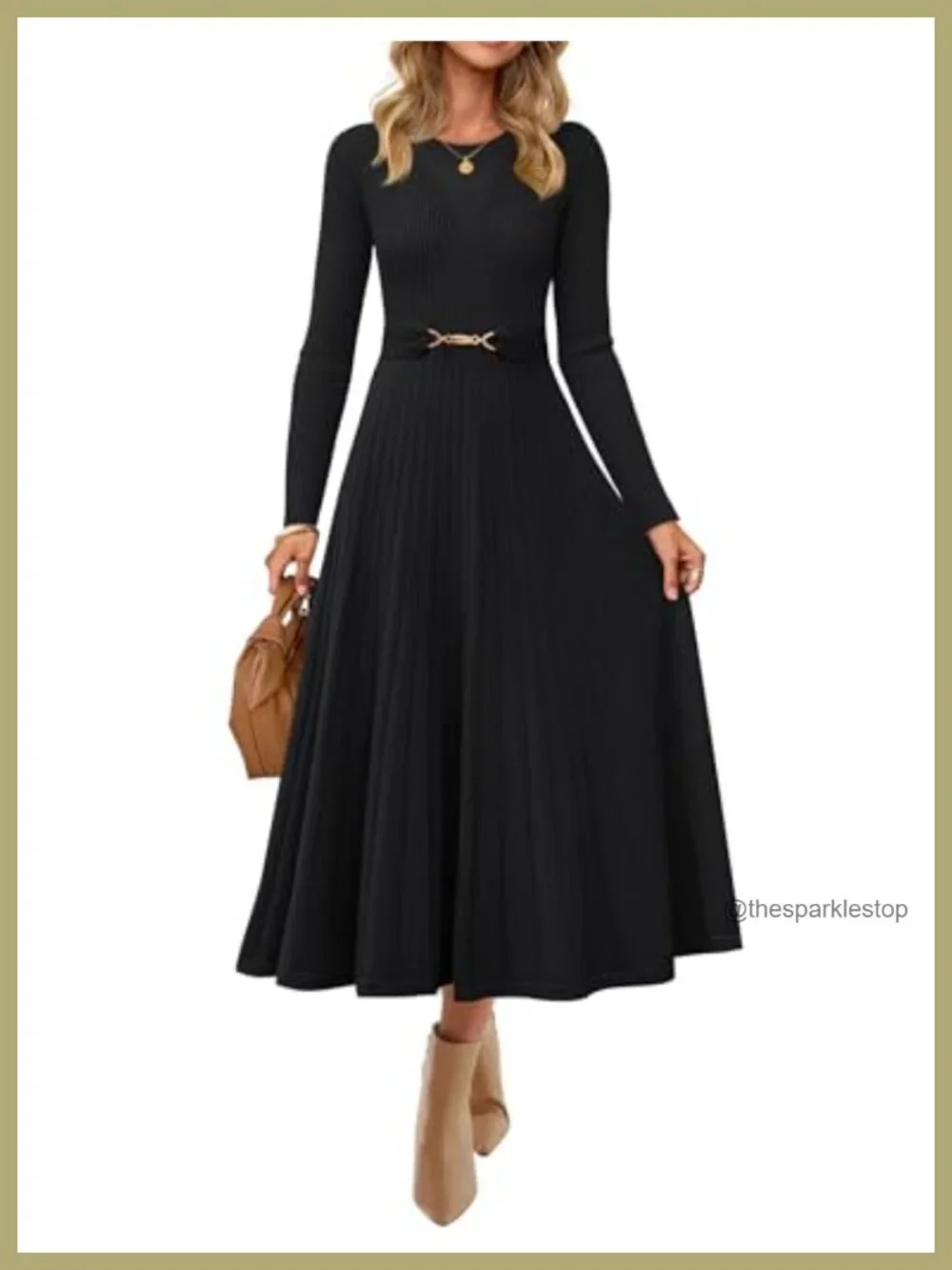 Long Sleeve Pleated Midi Sweater Dress with Removable Belt